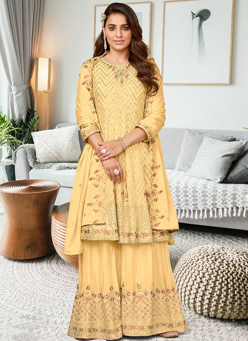 Pale Yellow Multi Embroidery Traditional Gharara Suit