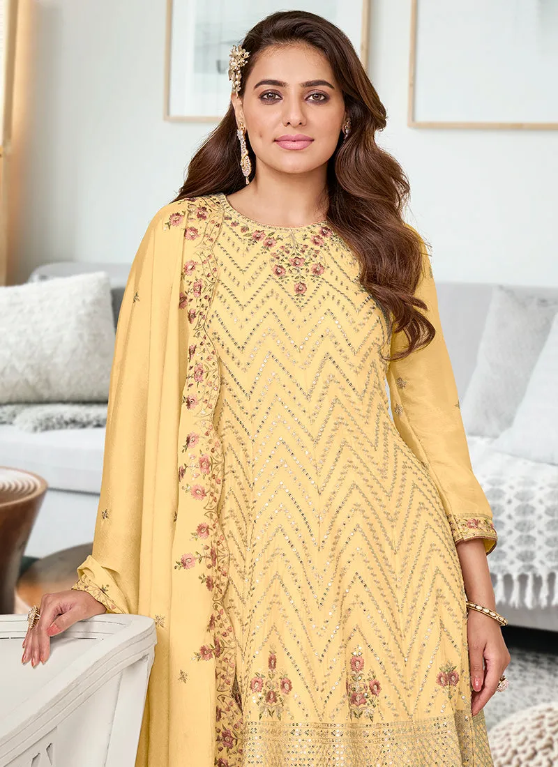 Pale Yellow Multi Embroidery Traditional Gharara Suit