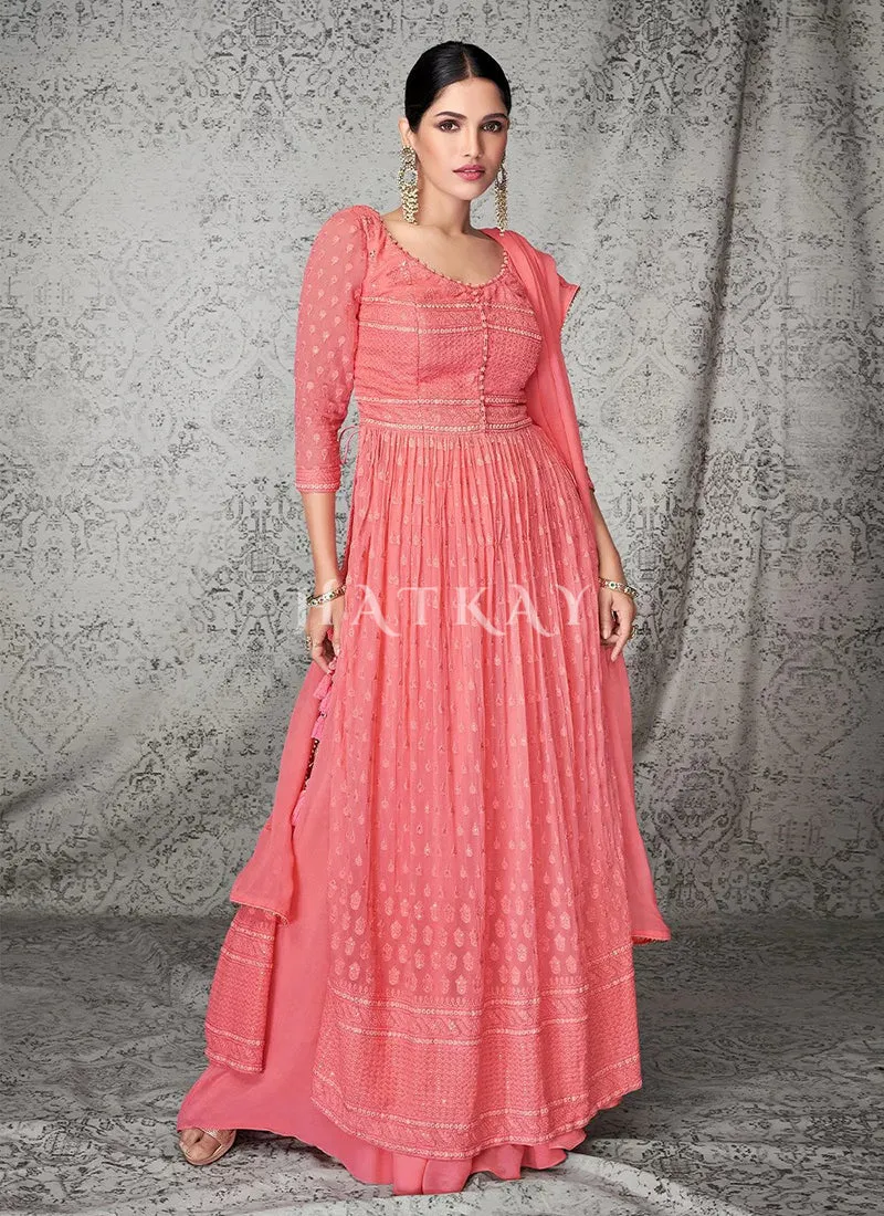 Peach Lucknowi Embroidered Designer Palazzo Suit