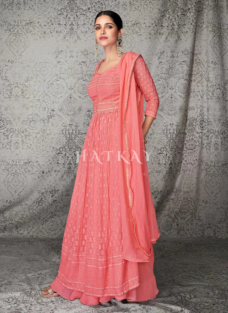 Peach Lucknowi Embroidered Designer Palazzo Suit