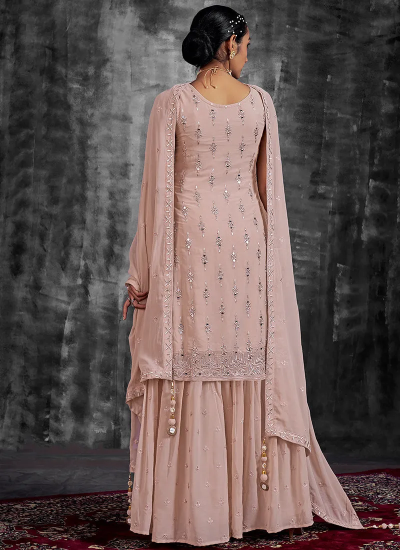 Peach Mirror Work Embroidery Georgette Gharara Suit