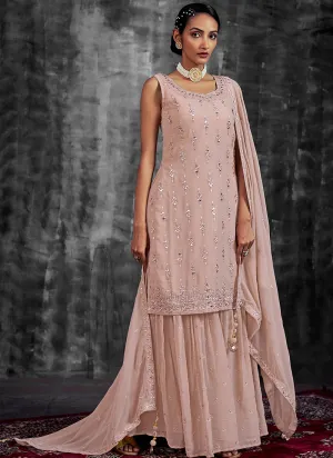 Peach Mirror Work Embroidery Georgette Gharara Suit