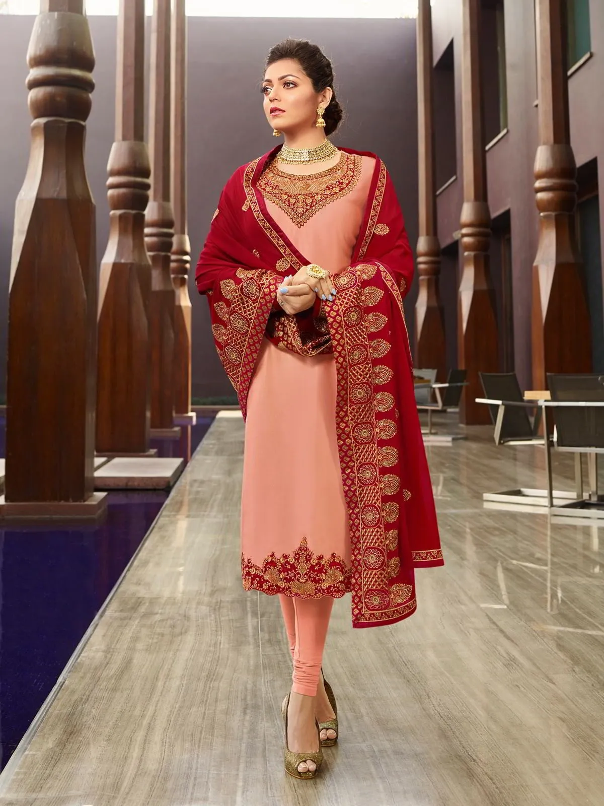 Peach Red In Combination Traditional Churidar Suit