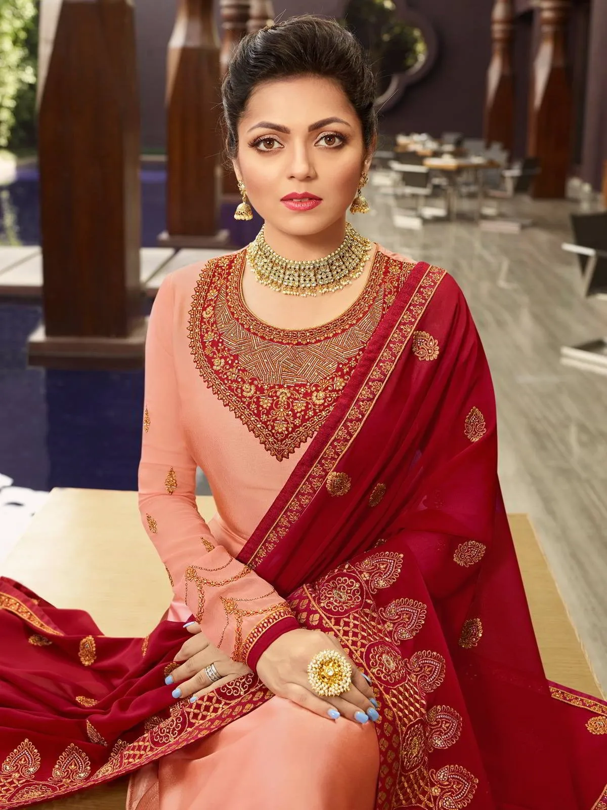 Peach Red In Combination Traditional Churidar Suit