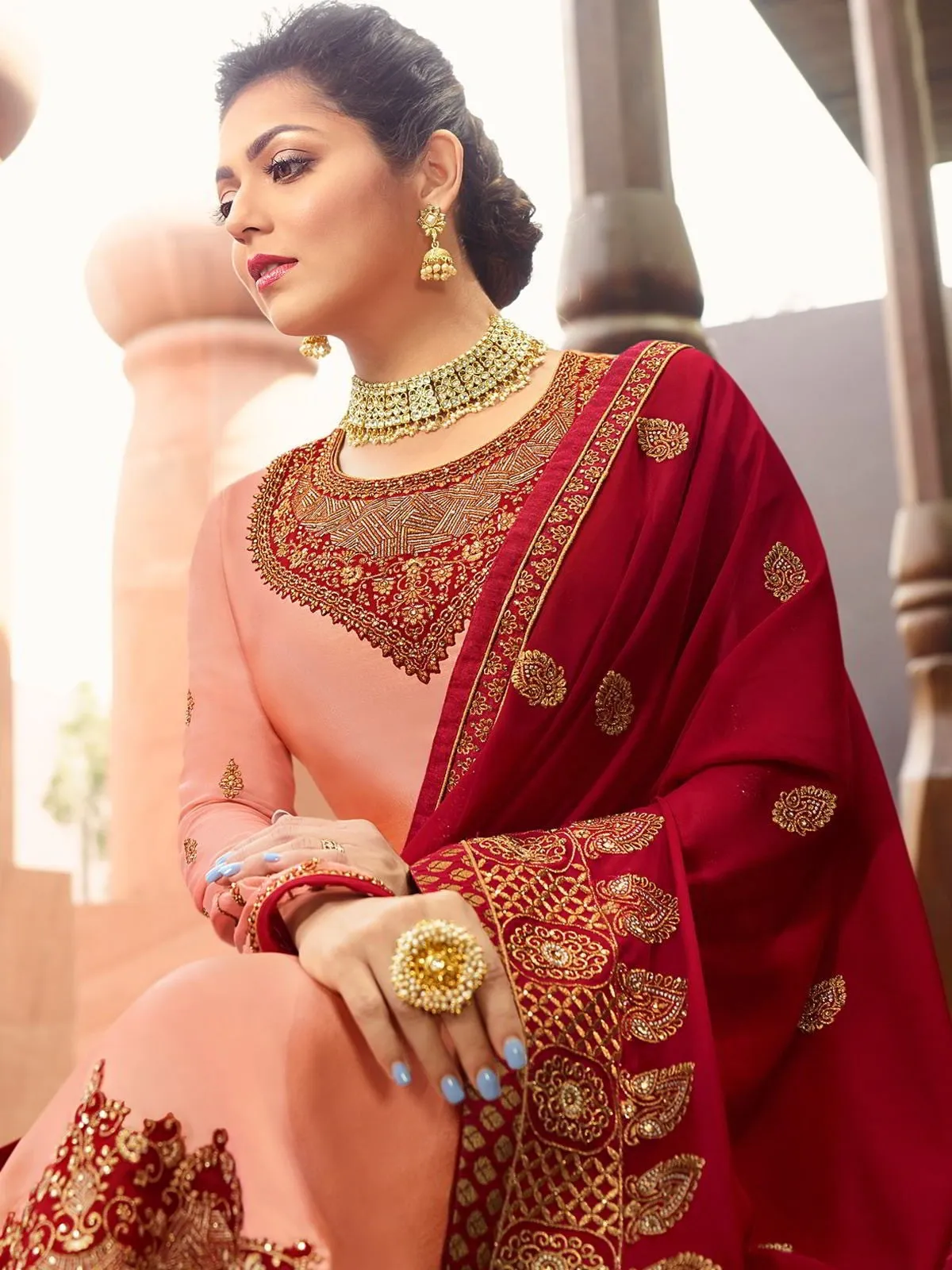 Peach Red In Combination Traditional Churidar Suit