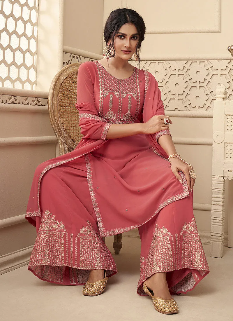 Peach Rehsamkari Embroidered Designer Palazzo Suit