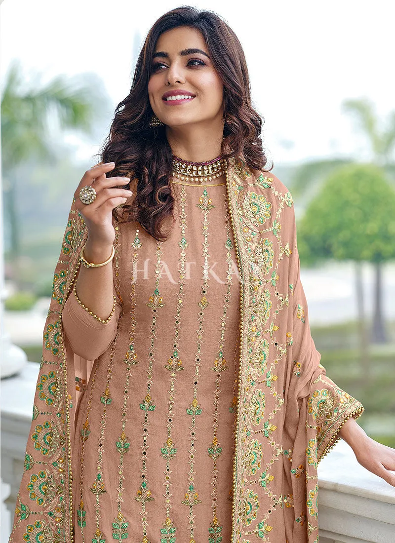 Peach Traditional Multi Embroidered Palazzo Suit