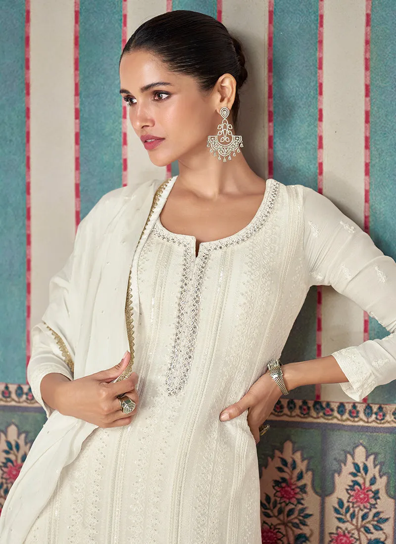 Pearl White Designer Embroidery Chinnon Sharara Suit