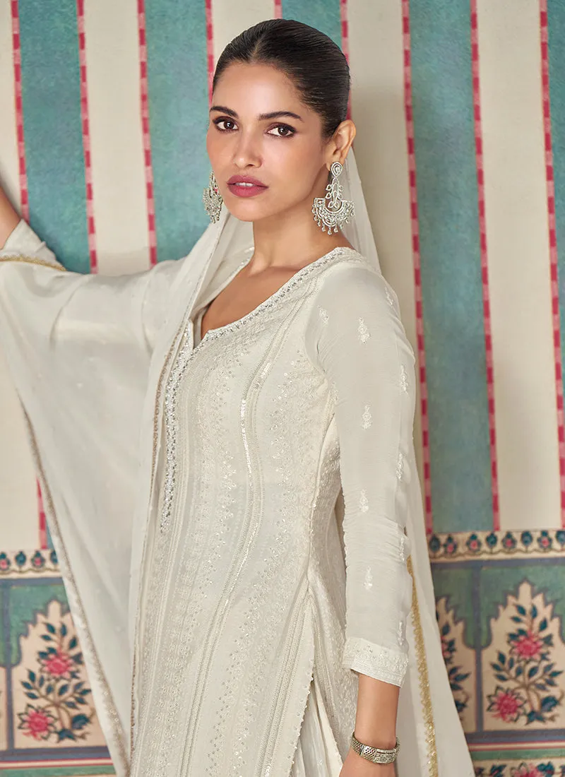 Pearl White Designer Embroidery Chinnon Sharara Suit