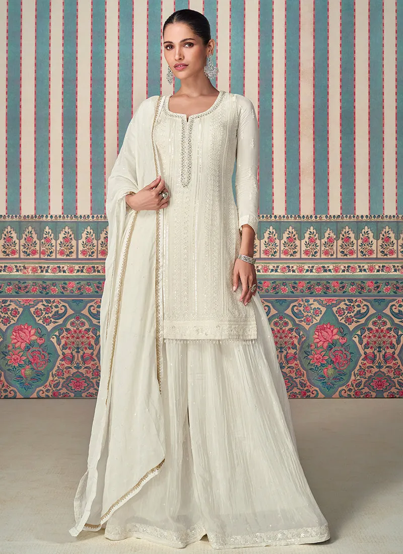 Pearl White Designer Embroidery Chinnon Sharara Suit