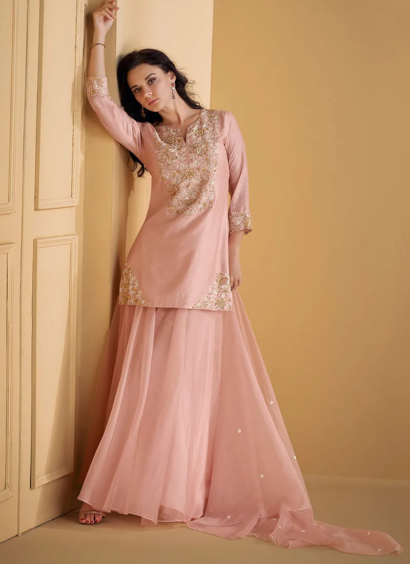 Pink Embroidered Party Wear Sharara Suit