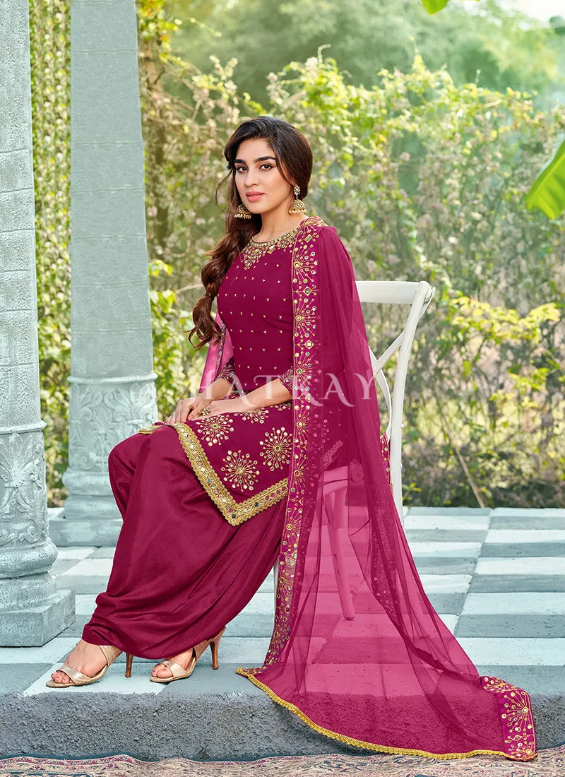 Pink Mirror Work Embroidered Patiala Suit