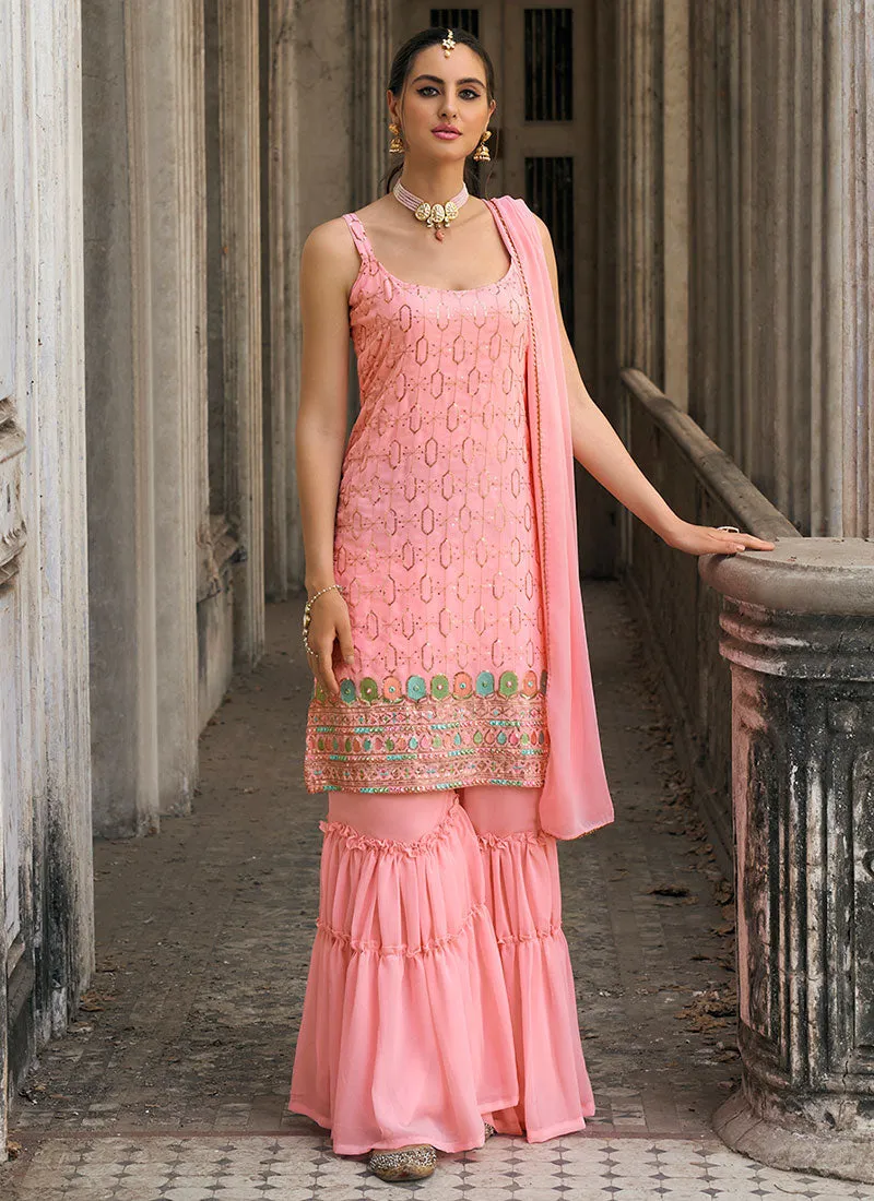 Pink Multi Embroidery Designer Sharara Suit