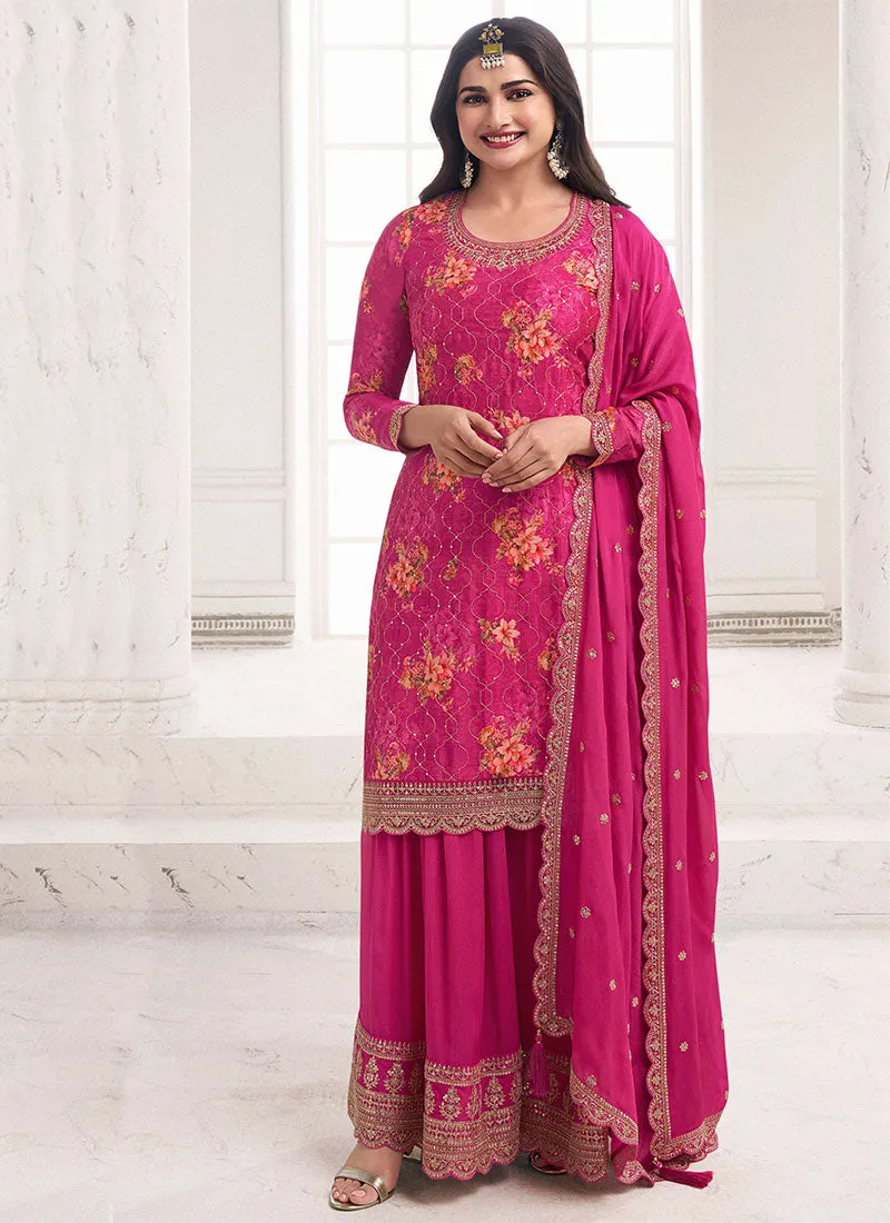 Pink Sequence Embroidery Floral Palazzo Suit