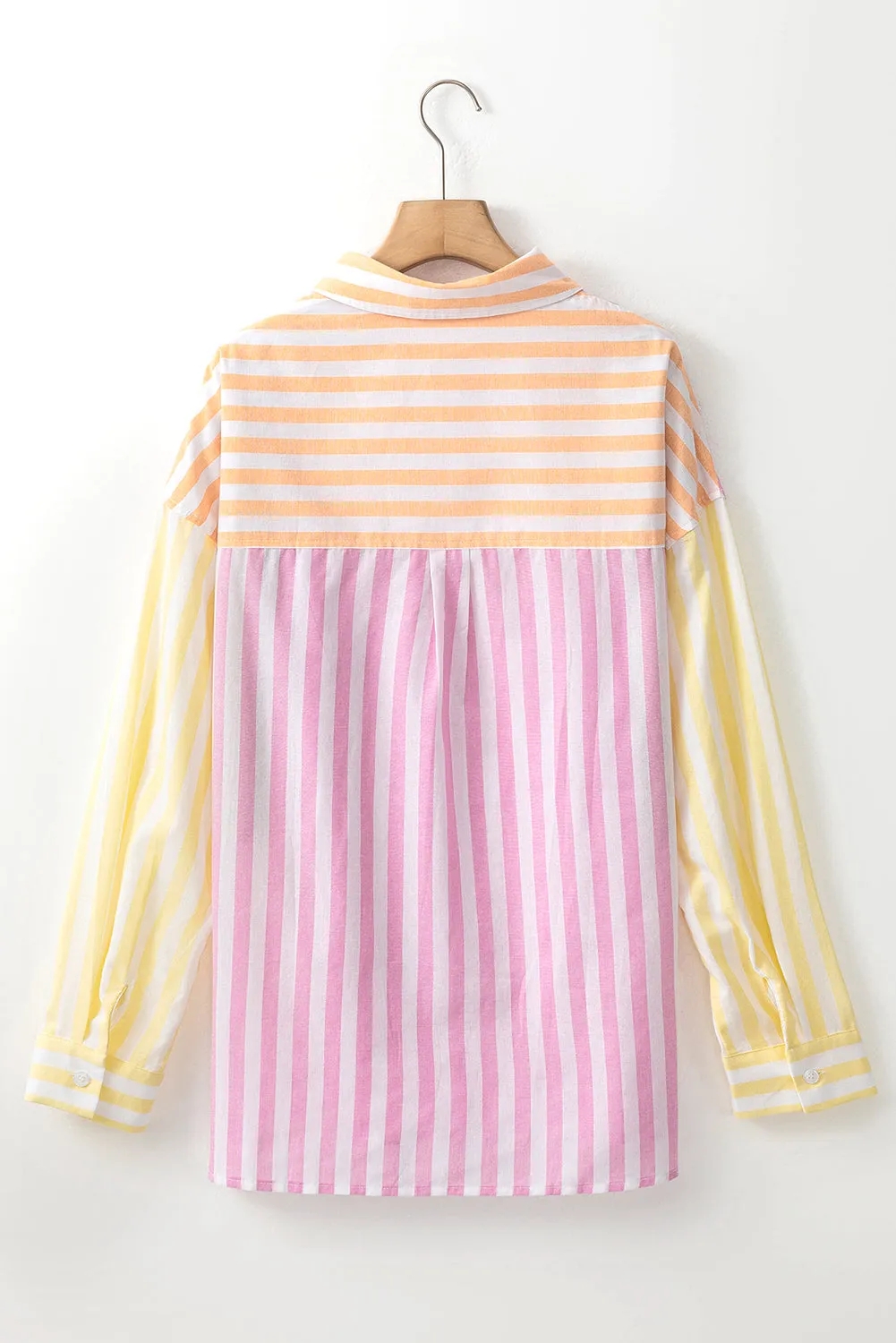 Pink Stripe Contrast Collar Long Sleeve Patchwork Shirt