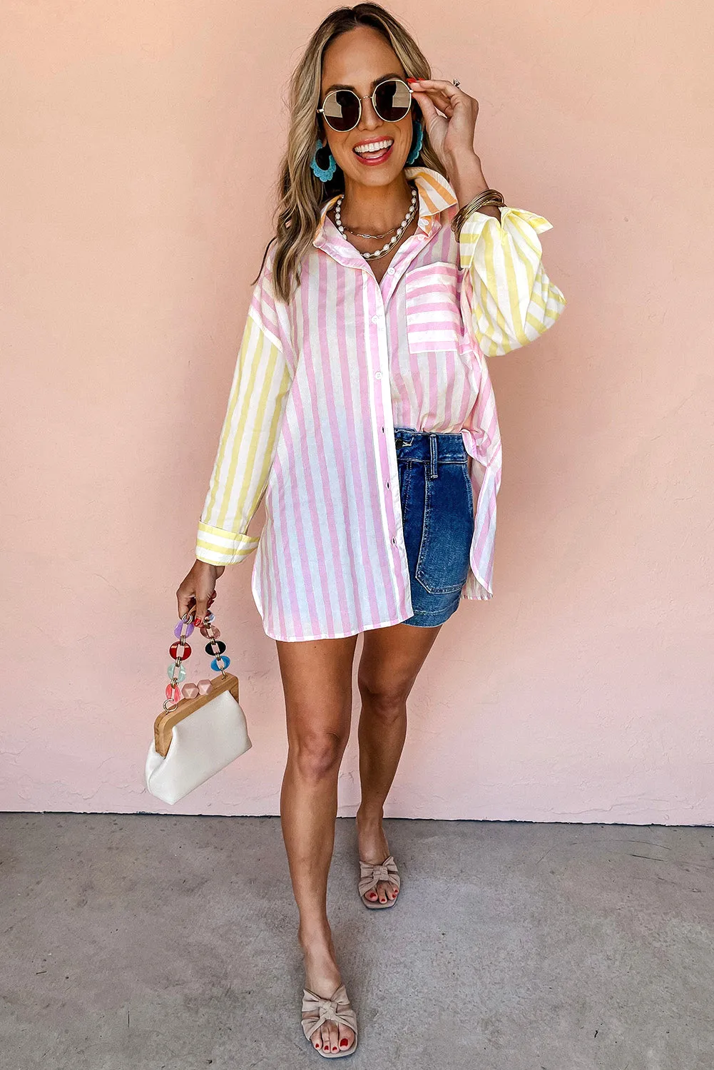 Pink Stripe Contrast Collar Long Sleeve Patchwork Shirt