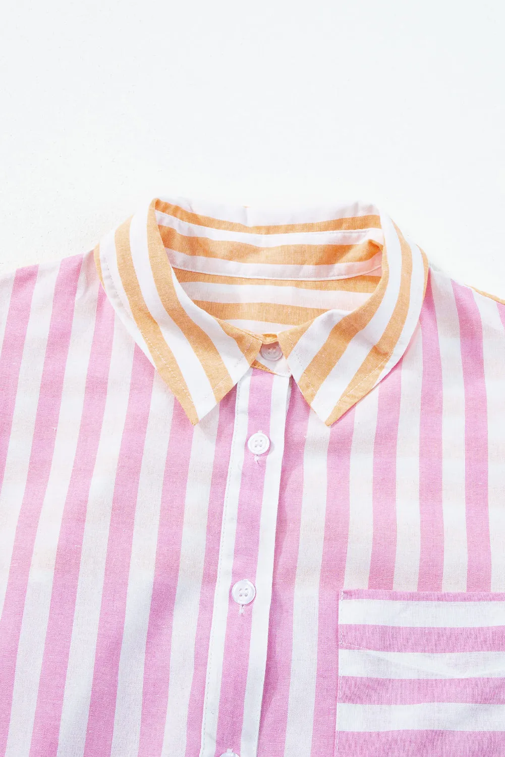 Pink Stripe Contrast Collar Long Sleeve Patchwork Shirt