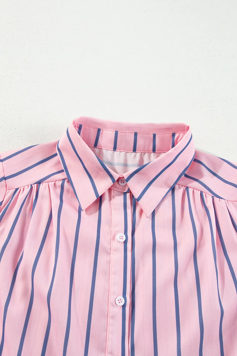 Pink Stripe Ruffled Hem Button-up Collared Shirt Mini Dress