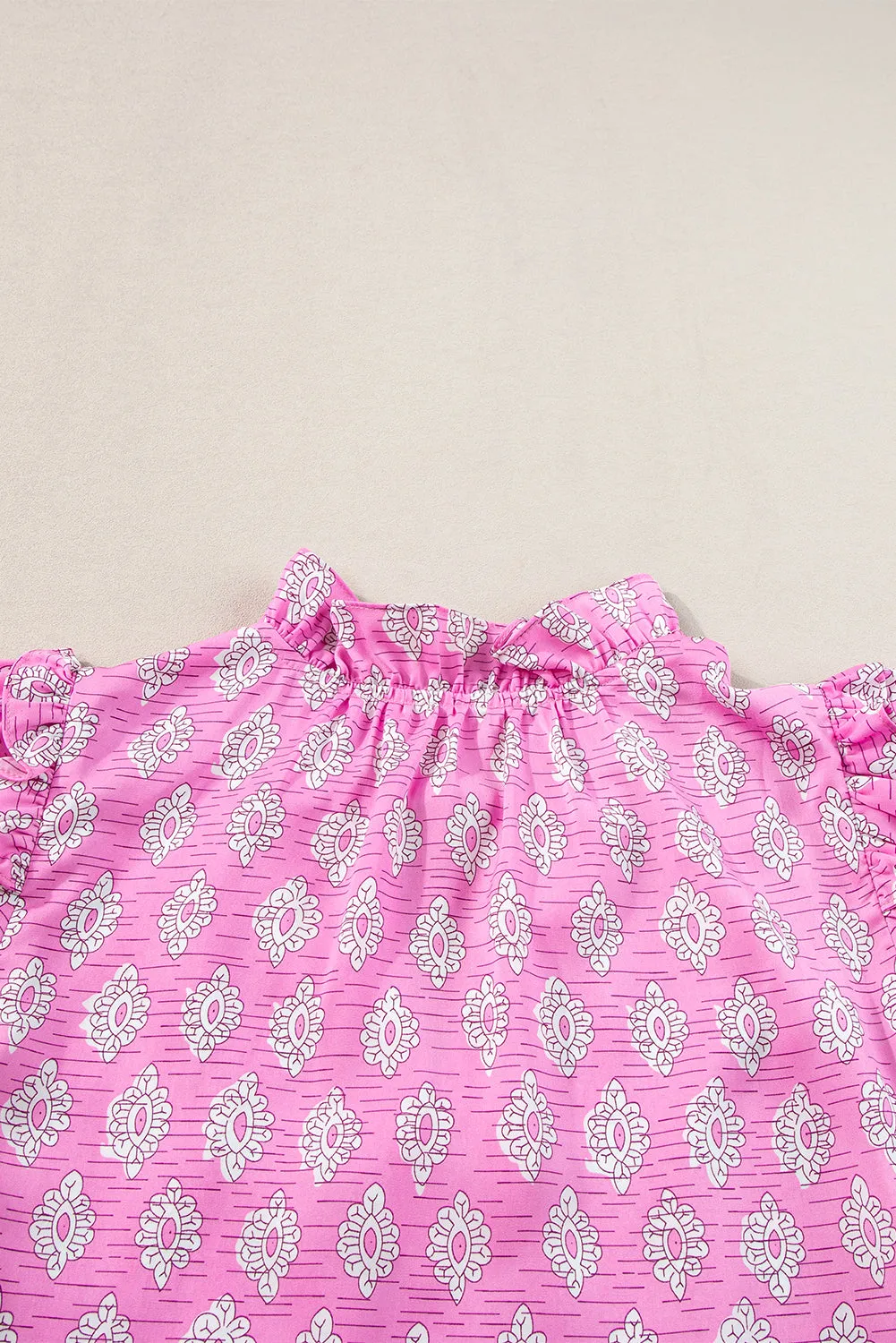 Pink Vintage Floral Ruffled Split Neck Short Sleeve Blouse