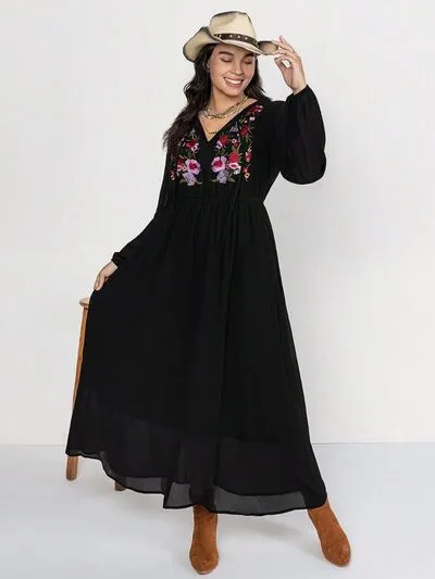 Plus Size Embroidered Tie Neck Long Sleeve Dress