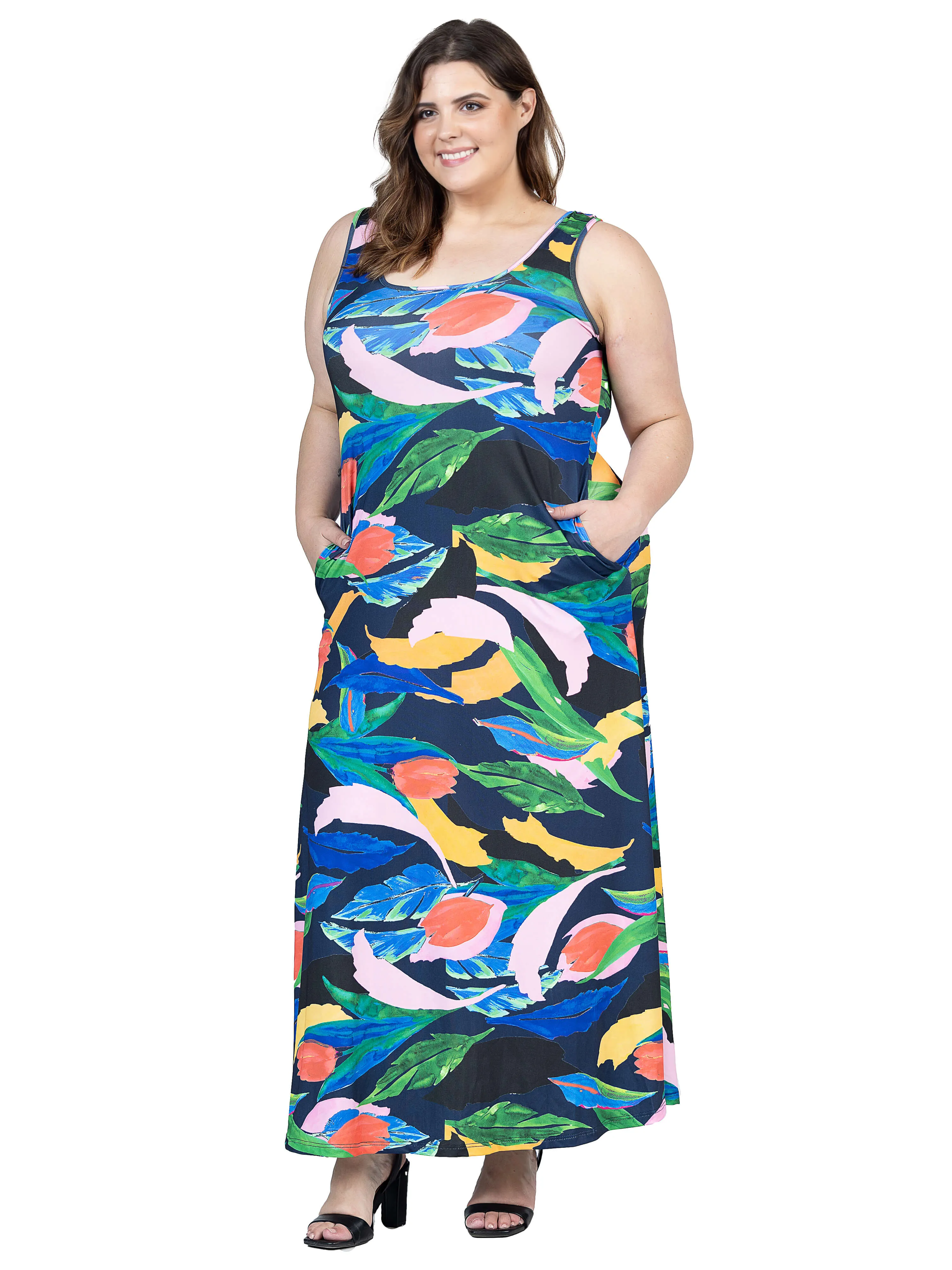 Plus Size Teal Floral Print Sleeveless Casual Maxi Dress With Pockets