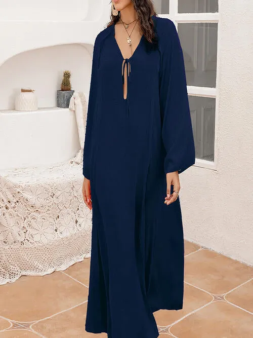 Plus Size Tie Neck Long Sleeve Slit Dress