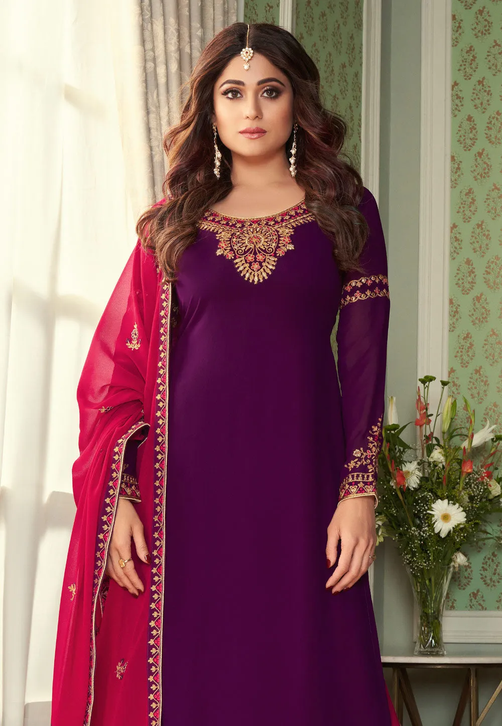 Purple And Pink Embroidered Ethnic Palazzo Suit