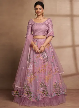 Purple Floral Print And Sequence Embroidery Ruffled Lehenga Choli