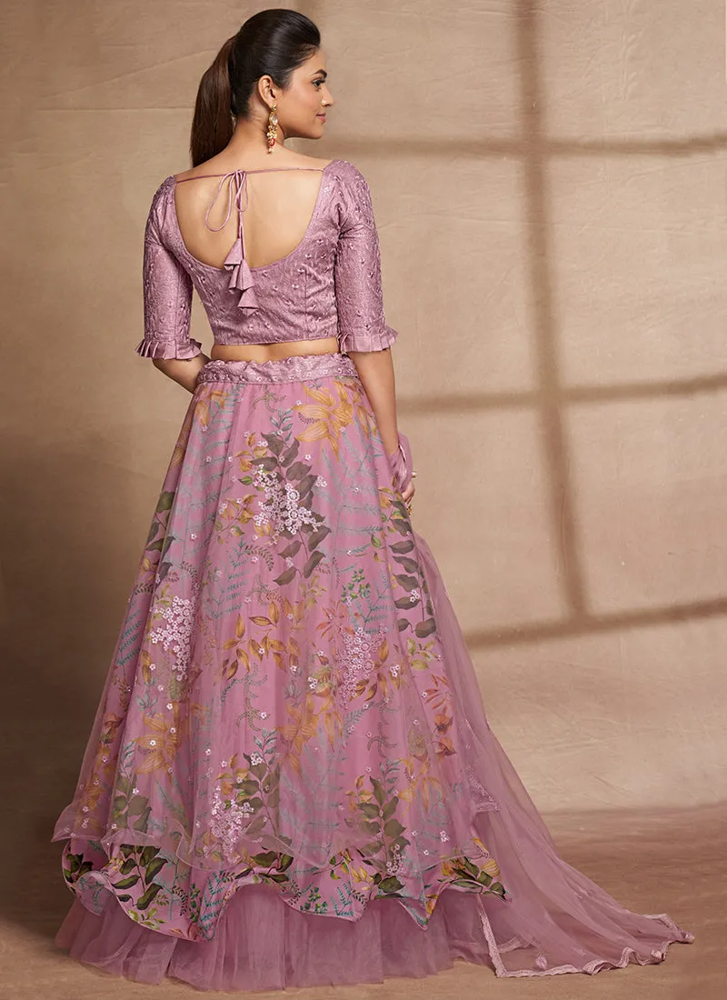 Purple Floral Print And Sequence Embroidery Ruffled Lehenga Choli