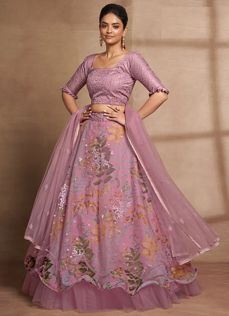 Purple Floral Print And Sequence Embroidery Ruffled Lehenga Choli