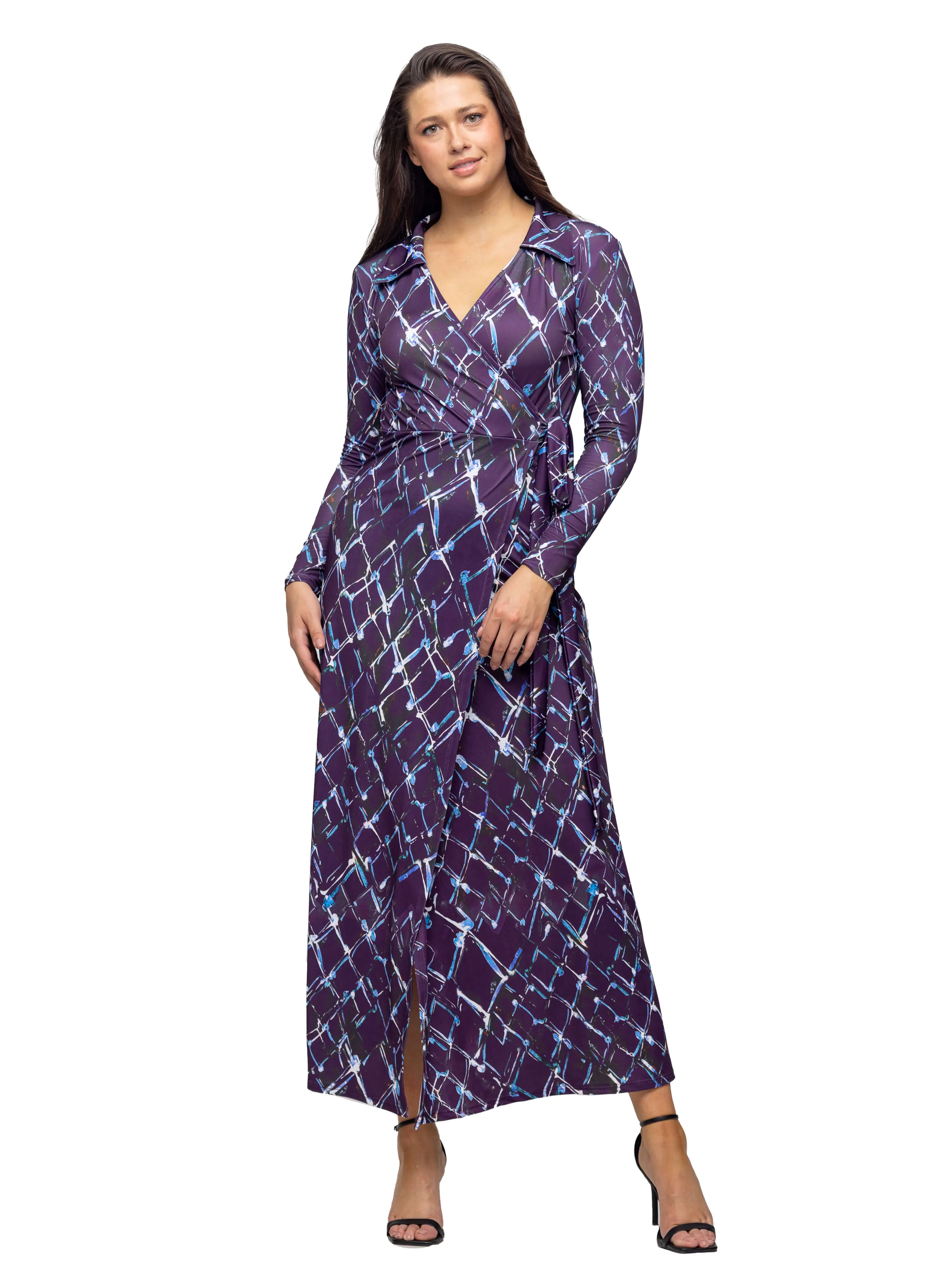 Purple Print Collared Wrap Maxi Dress