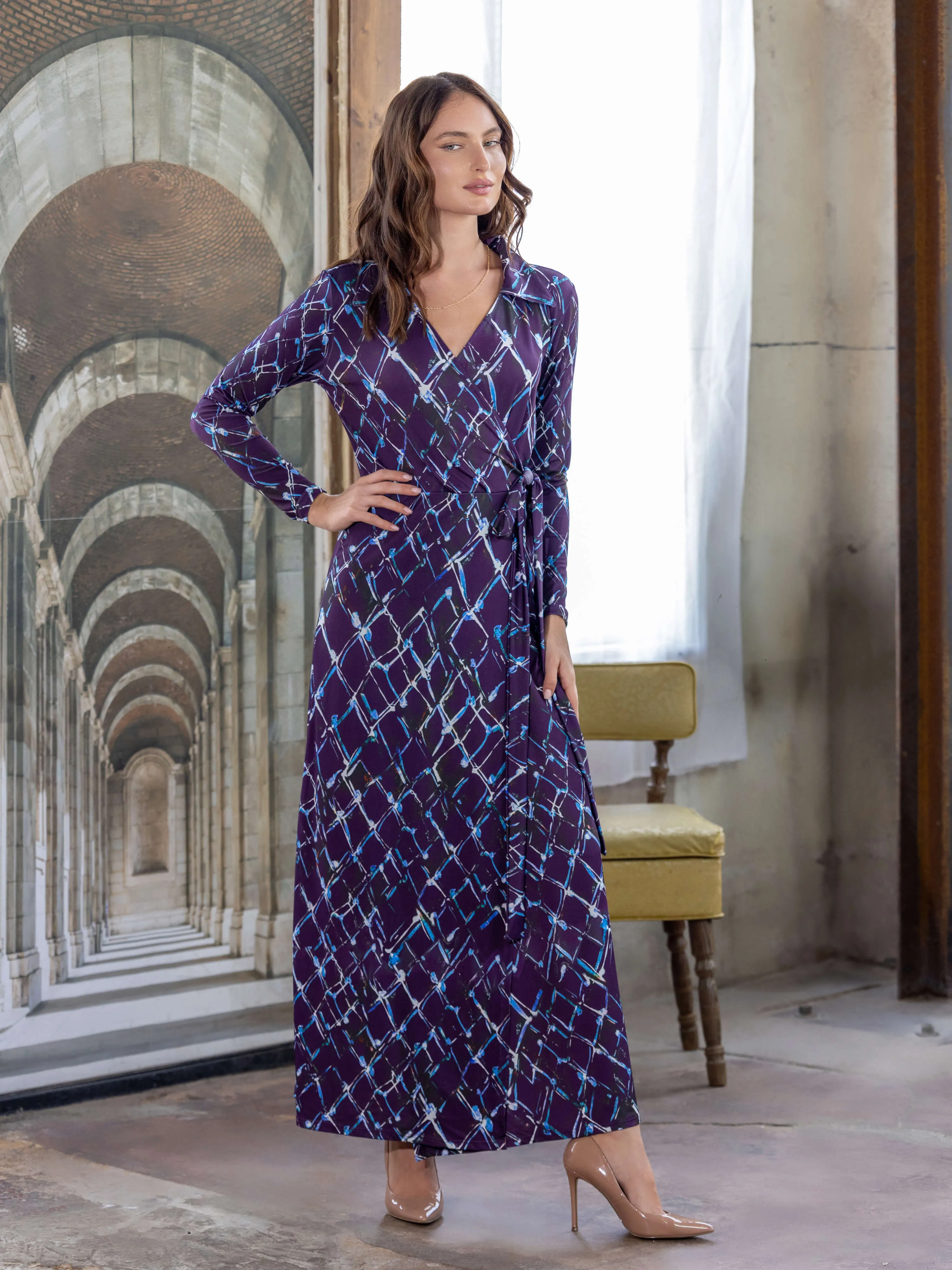 Purple Print Collared Wrap Maxi Dress