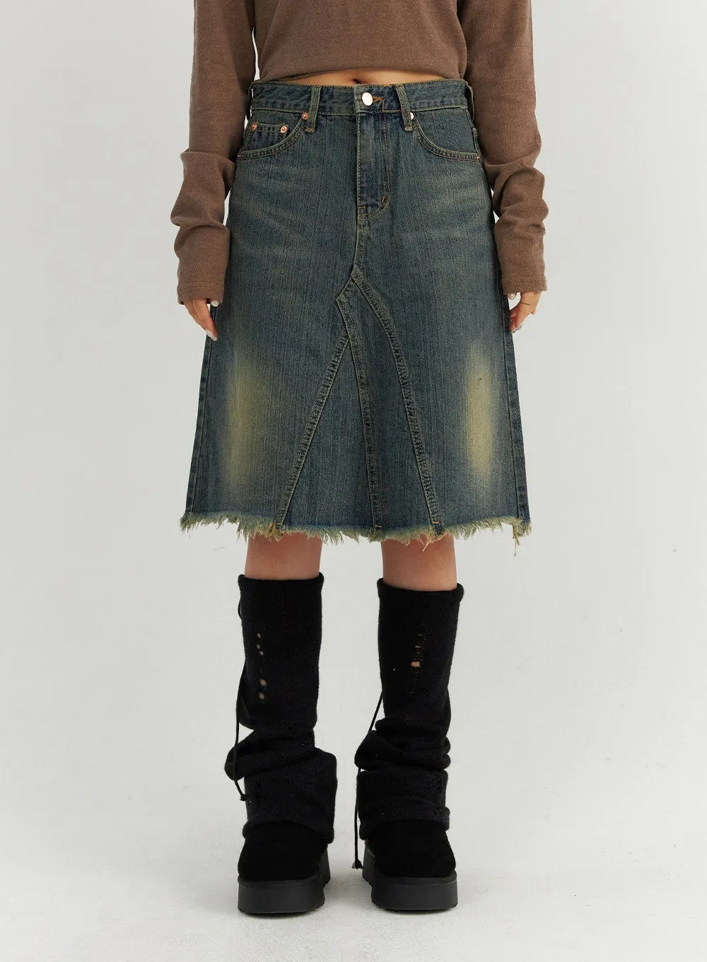 Raw Hem Midi Denim Skirt CO319