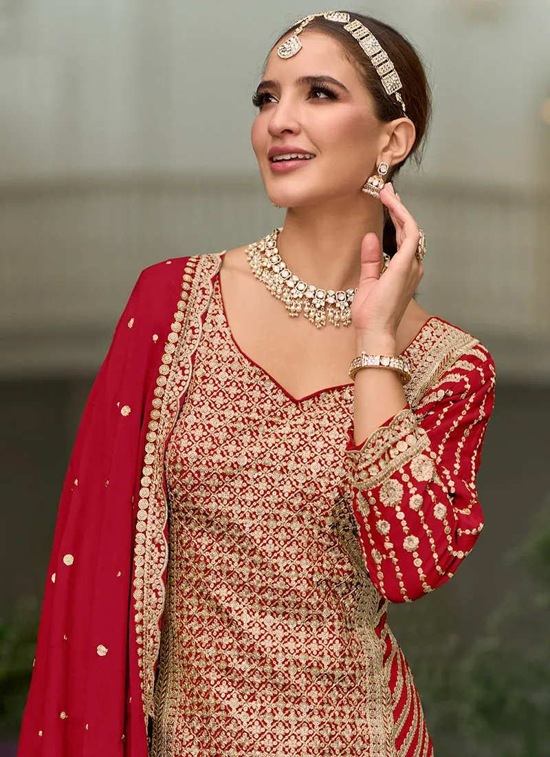 Red Traditional Sequence Embroidery Festive Palazzo Suit