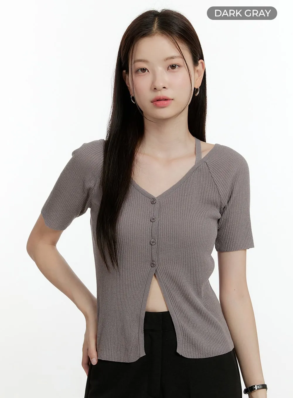 Ribbed Knit V-Neck Top OL423