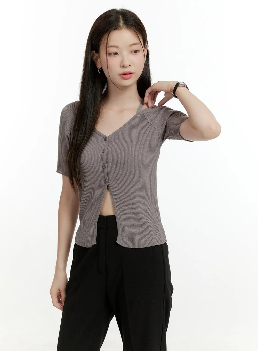 Ribbed Knit V-Neck Top OL423