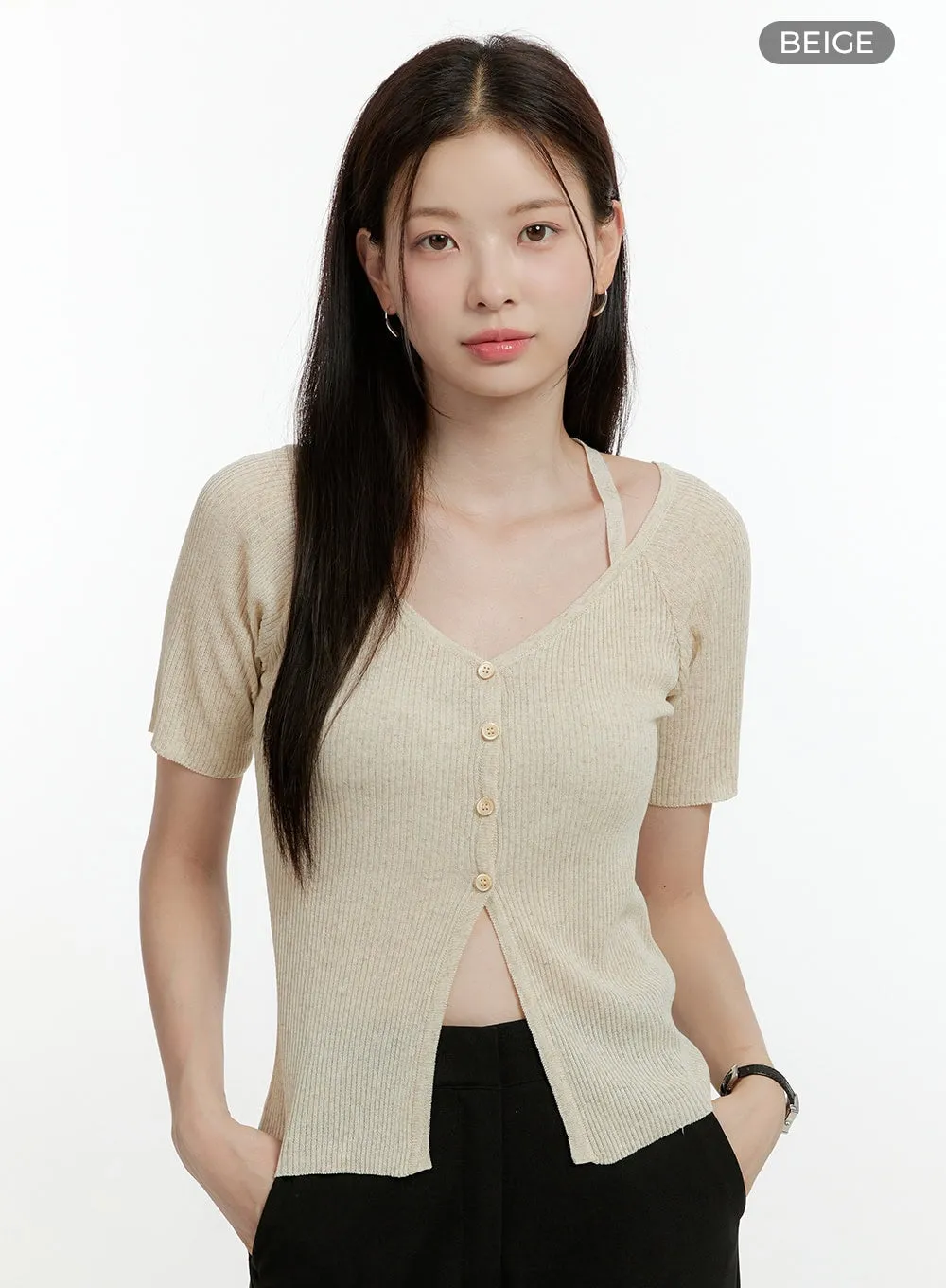 Ribbed Knit V-Neck Top OL423