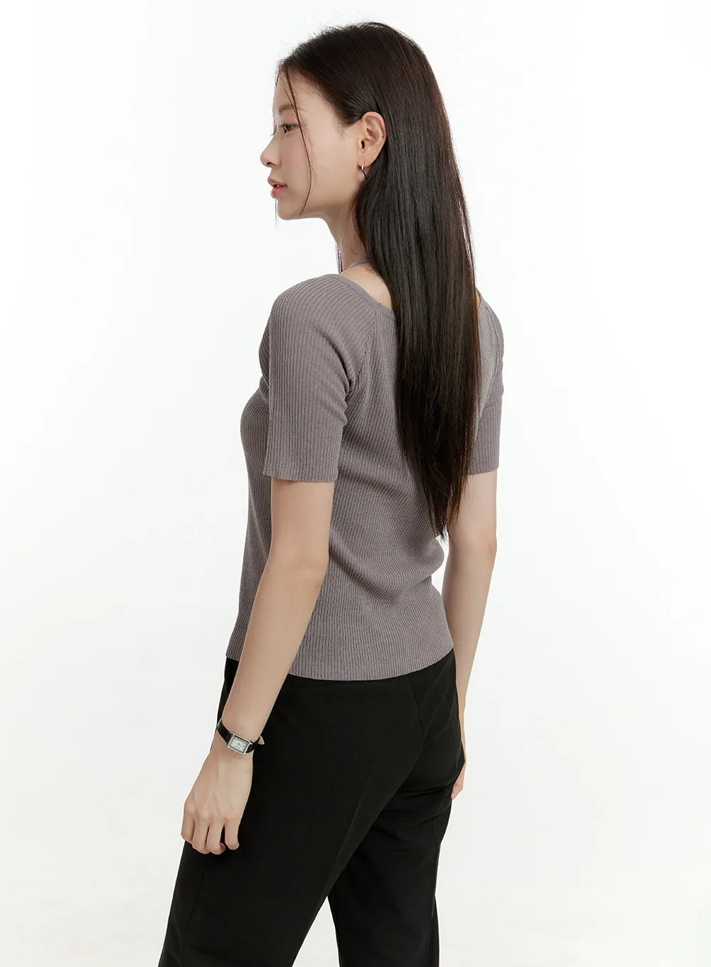 Ribbed Knit V-Neck Top OL423