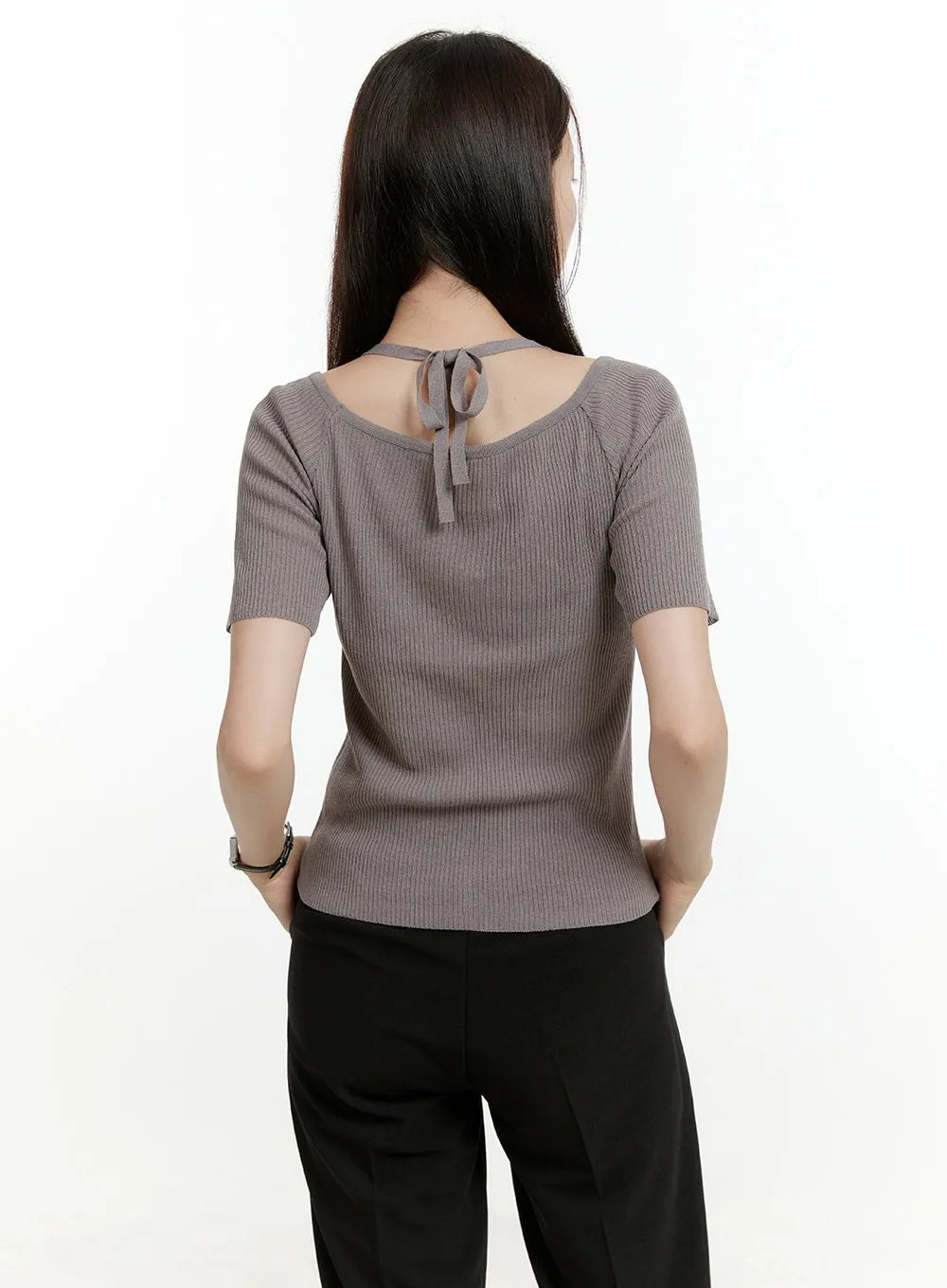 Ribbed Knit V-Neck Top OL423