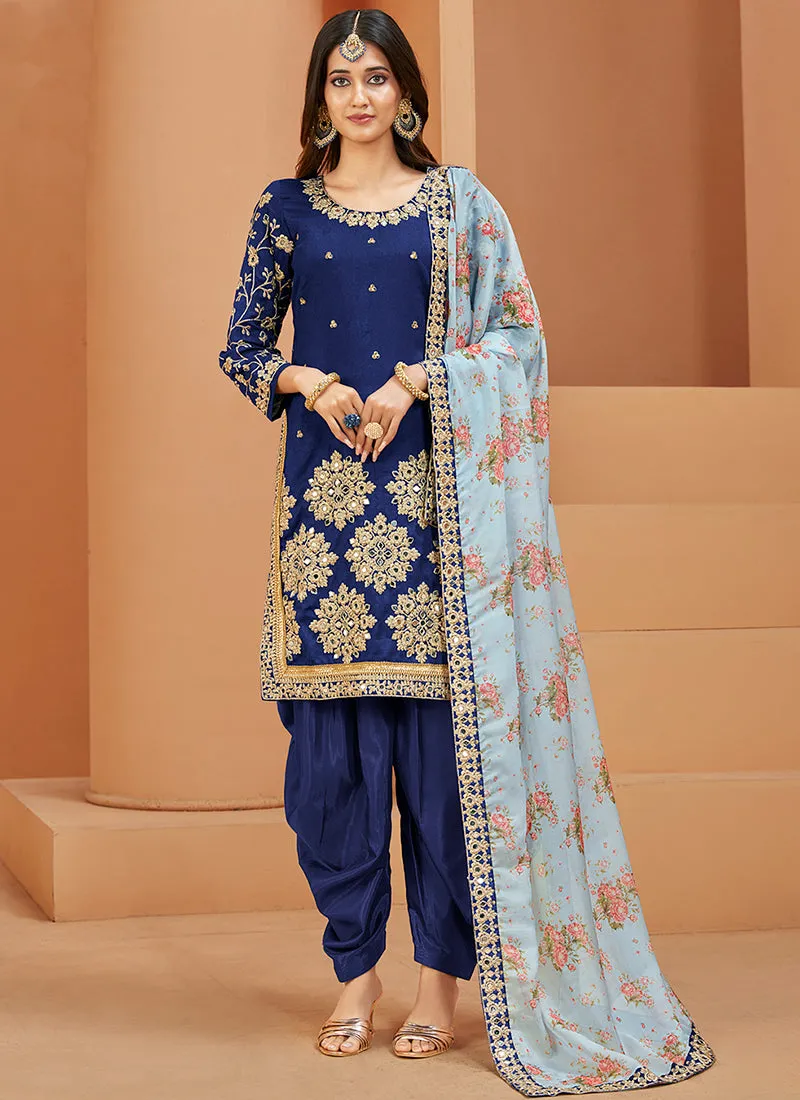 Royal Blue Embroidery Silk Festive Salwar Suit