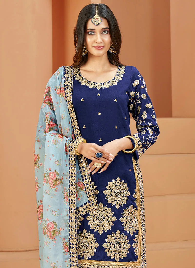 Royal Blue Embroidery Silk Festive Salwar Suit