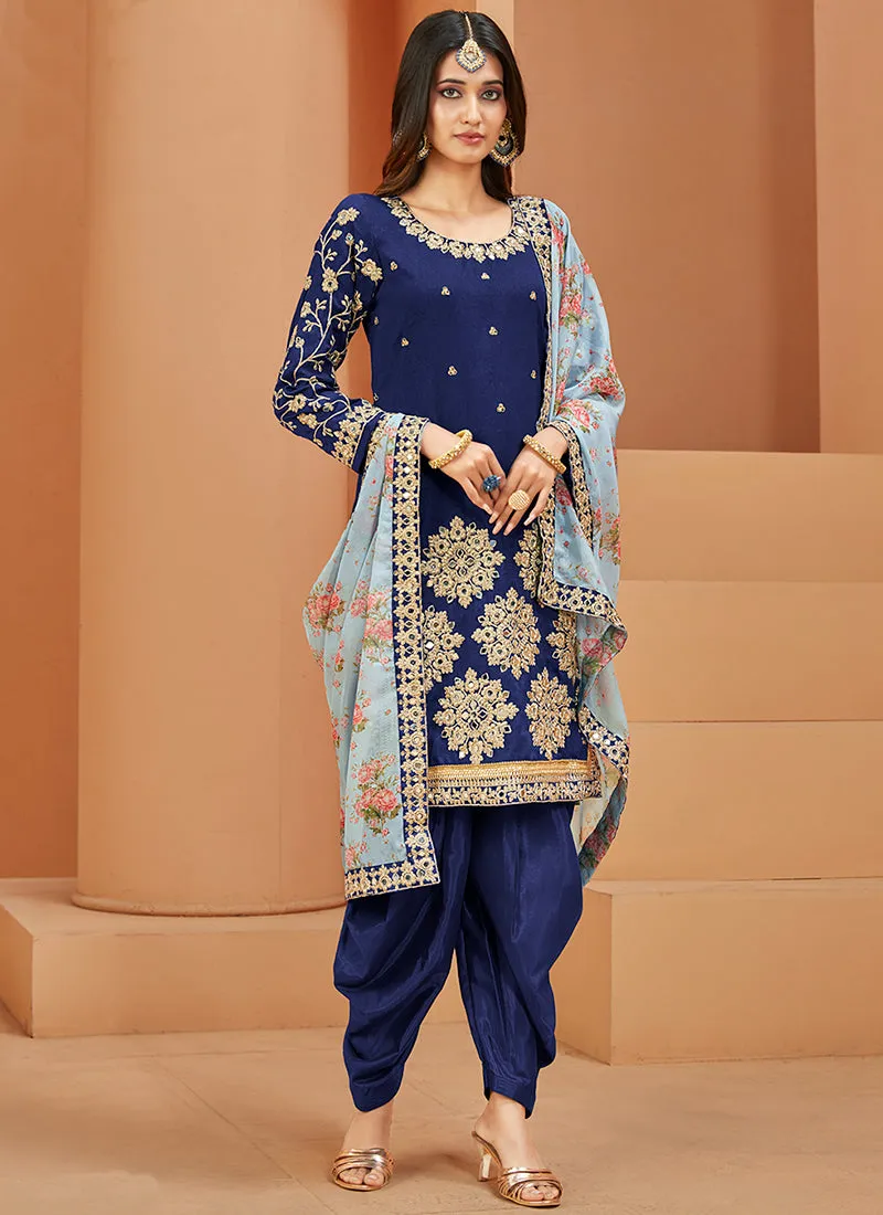 Royal Blue Embroidery Silk Festive Salwar Suit