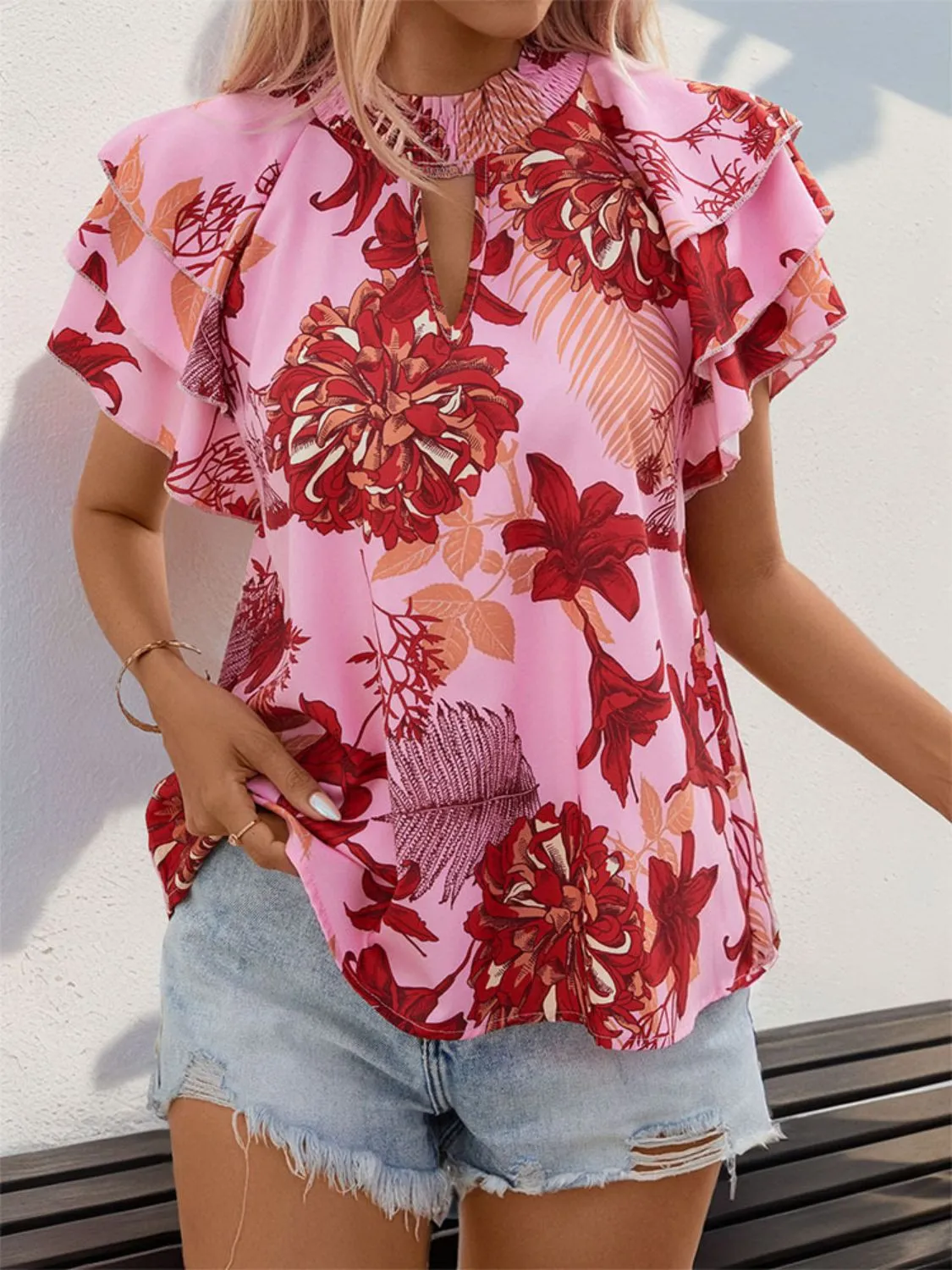 Ruffled Floral Short Sleeve Resort Blouse