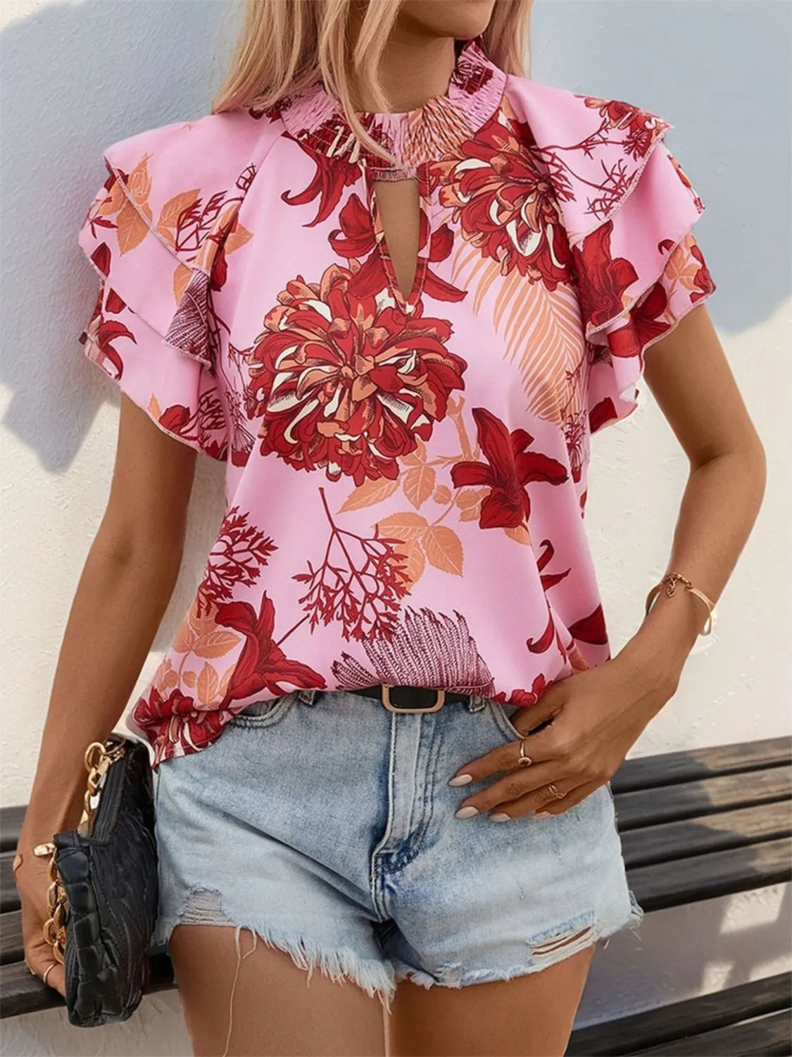 Ruffled Floral Short Sleeve Resort Blouse