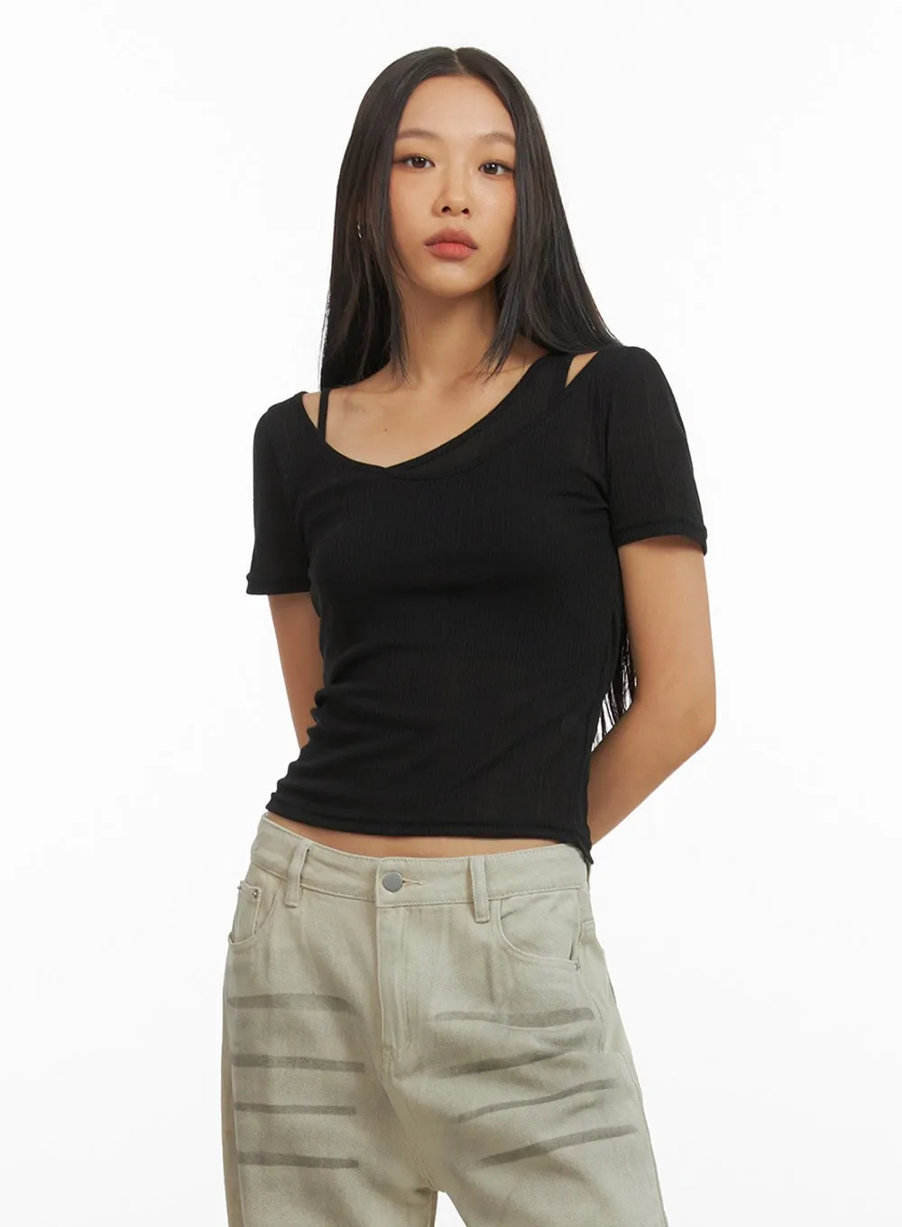 Scoop Neck Layered Crop Tee IY422