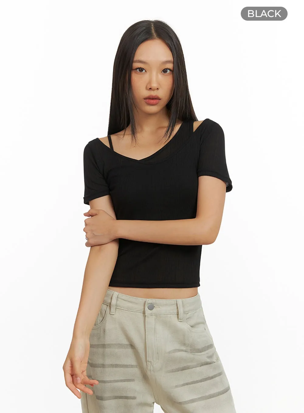 Scoop Neck Layered Crop Tee IY422