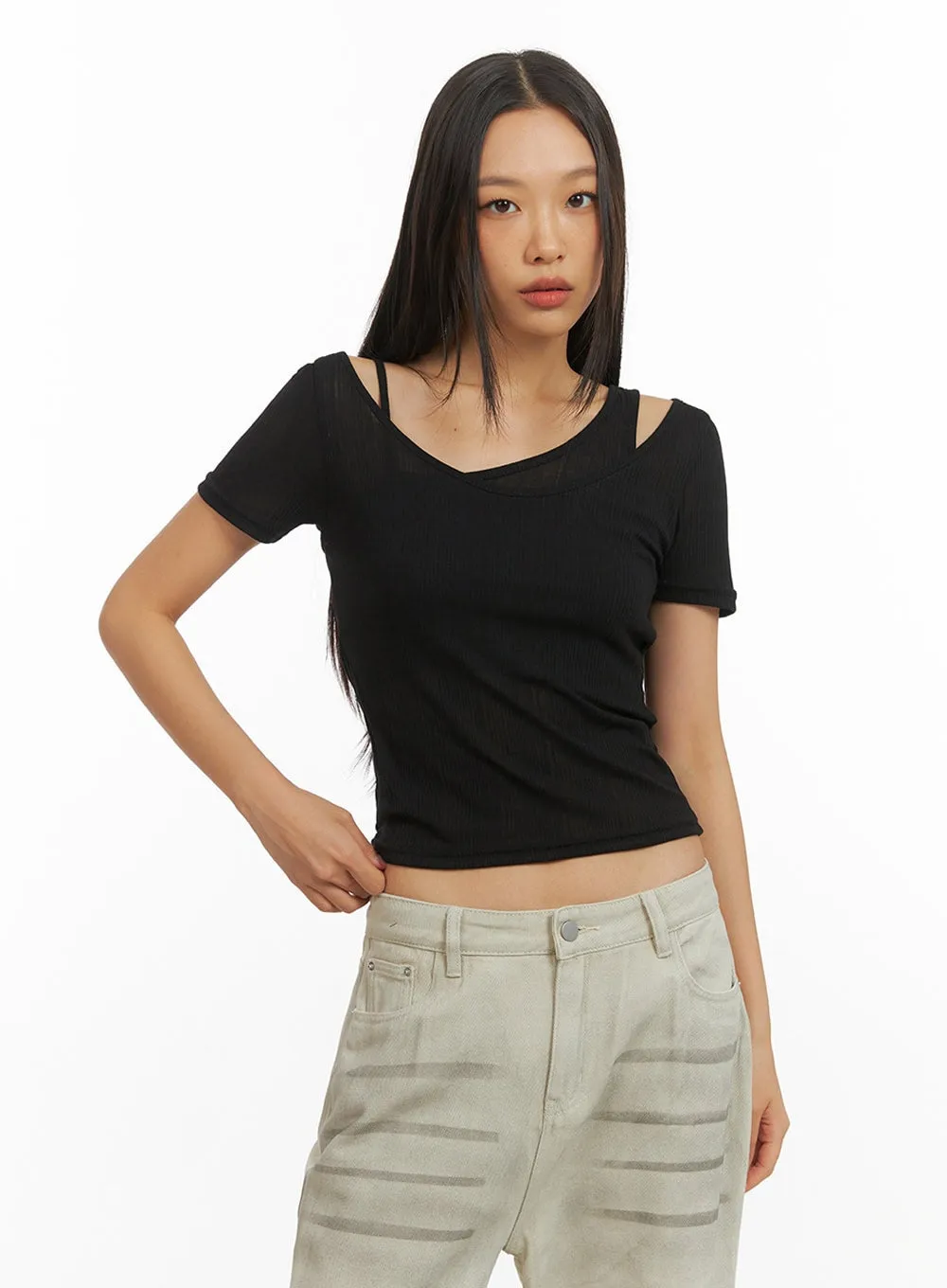 Scoop Neck Layered Crop Tee IY422