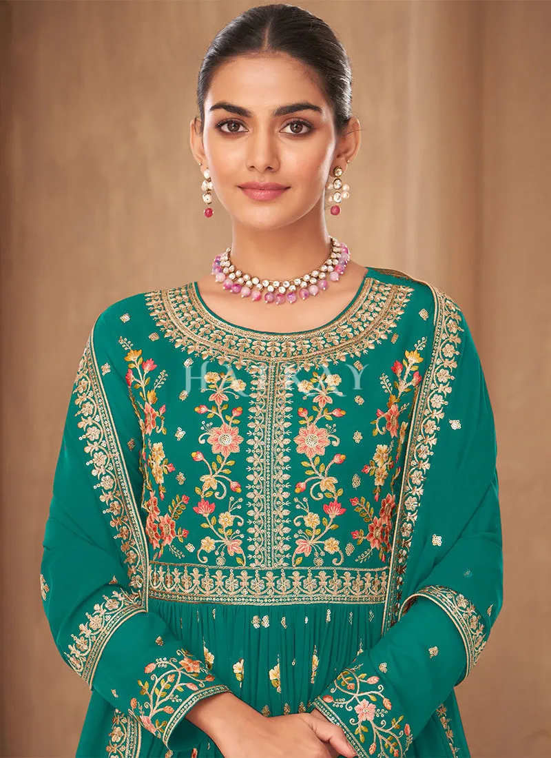 Sea Green Georgette Embroidered Wedding Palazzo Suit