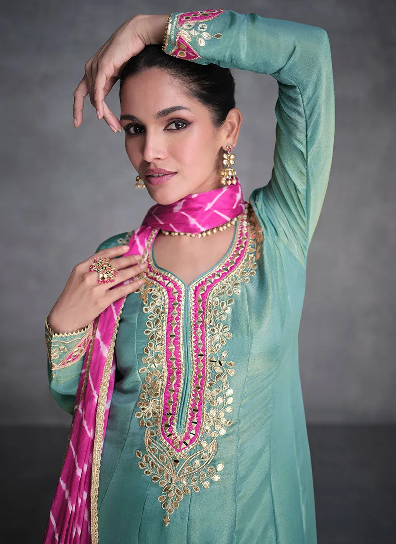 Sea Green Reshamkari Embroidery Anarkali Afghani Suit