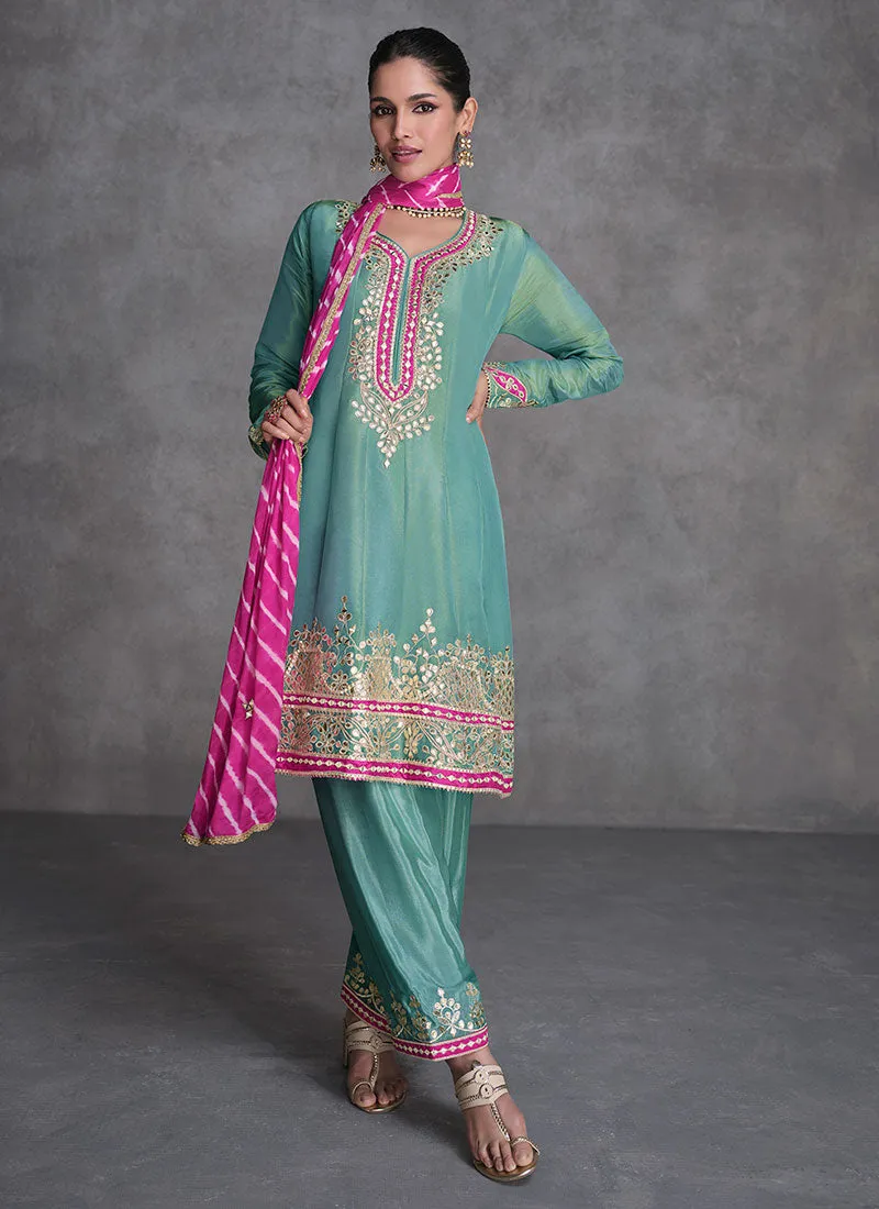 Sea Green Reshamkari Embroidery Anarkali Afghani Suit